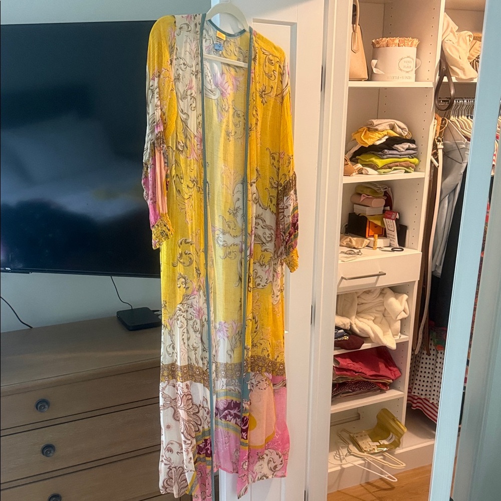 Agua Bendita Yellow Floral Maxi Kimono with Pink Accents